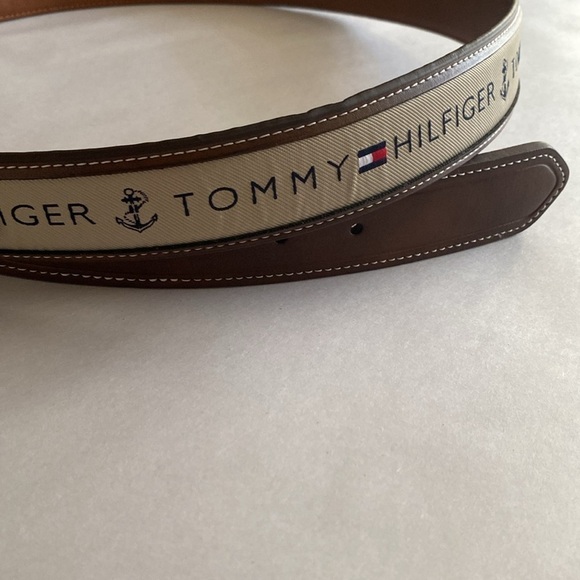 TOMMY HILFIGER Men's Brown Leather Belt Ribbon Logo Contrast Stitching Casual L - Picture 2 of 7